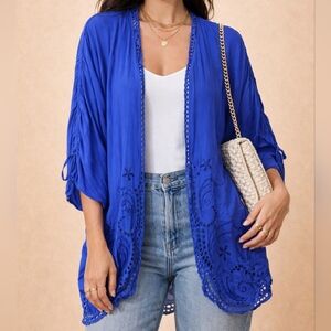 Seafolly | Gorgeous Royal Blue Crochet-Trim Swim Cover-Up Kimono, Size L